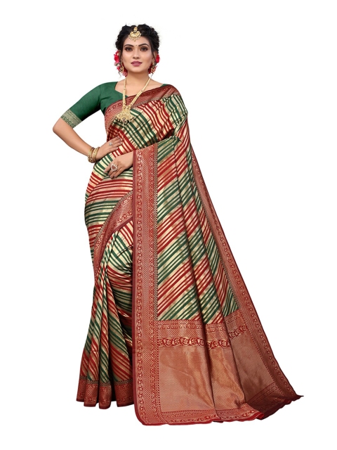 

Pisara Green & Gold-Toned Woven Design Silk Blend Chanderi Saree