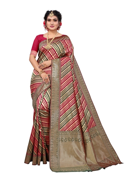 

Pisara Olive Green & Red Woven Design Zari Silk Blend Chanderi Saree