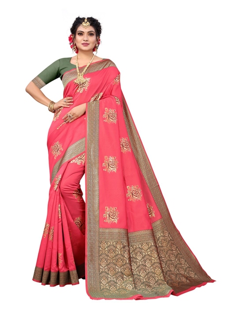 

Pisara Peach-Coloured & Green Woven Design Silk Blend Chanderi Saree