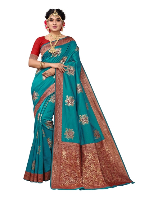 

Pisara Turquoise Blue & Gold-Toned Woven Design Silk Blend Chanderi Saree