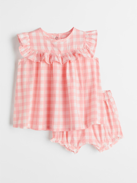 

H&M Girls Pink & White Checked Round Neck 2-Piece Cotton Set, Multi