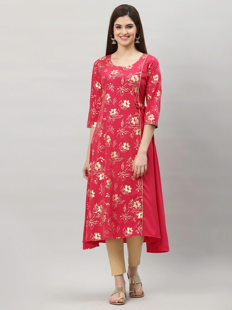 

ALC Creations Women Peach & Gold-Toned Floral Printed Pure Crepe Kurta