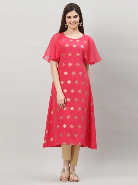 

ALC Creations Women Peach-Coloured Ethnic Motifs Printed Flared Sleeves Crepe Kurta