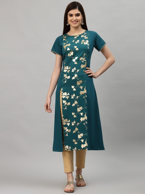 

ALC Creations Women Teal Blue & Gold-Toned Floral Printed Crepe A-line Kurta