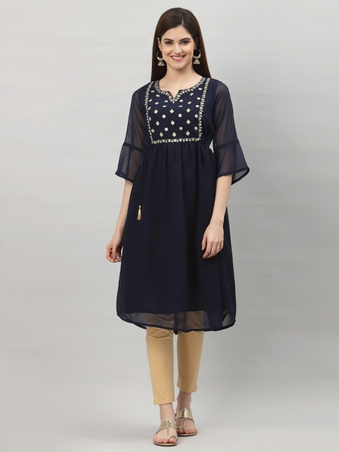 

ALC Creations Navy Blue Floral Embroidered Bell Sleeves Georgette Kurta