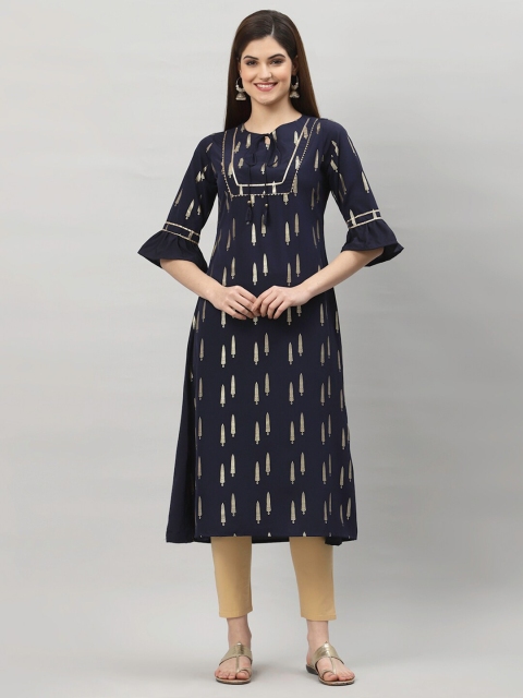 

ALC Creations Women Navy Blue & Gold-Toned Bell Sleeves Crepe Kurta