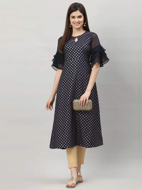 

ALC Creations Navy Blue & Gold-Toned Geometric Printed Bell Sleeves Crepe Kurta
