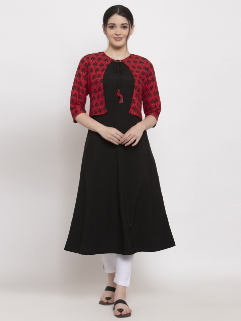 

ALC Creations Women Black & Red Ethnic Motifs Printed Block Print Crepe A-line Kurta