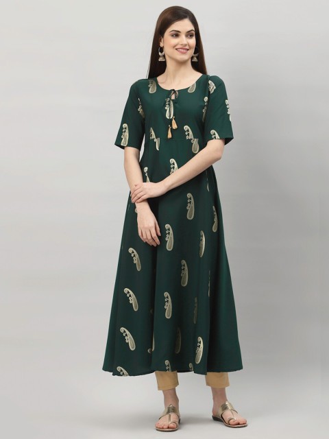 

ALC Creations Women Green & Gold-Toned Paisley Printed Crepe Anarkali Kurta