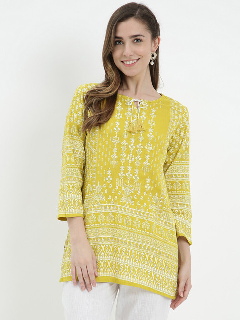 

V2 Value & Variety Mustard Yellow Ethnic Motifs Printed Kurti