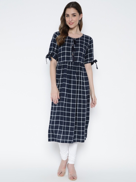 

V2 Value & Variety Women Navy Blue Checked Kurta