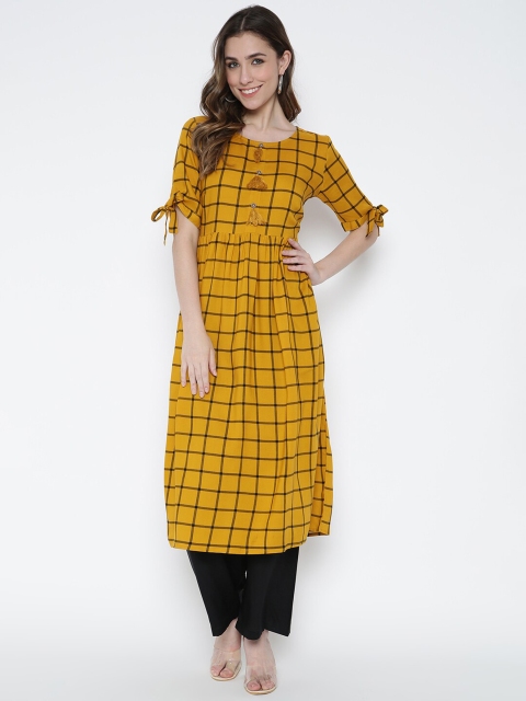 

V2 Value & Variety Women Mustard Yellow & Black Checked Cotton Round Neck A-line Kurta
