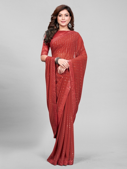 

Mitera Women Rust Embellished Sequinned Pure Georgette Saree