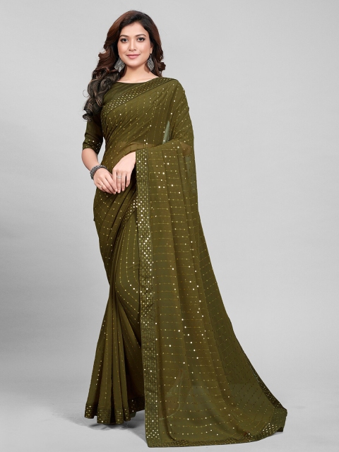 

Mitera Olive Green Embellished Sequinned Pure Georgette Saree