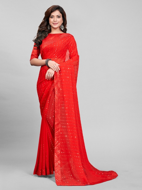 

Mitera Women Red Embellished Sequinned Pure Georgette Saree