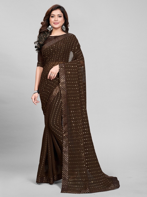 

Mitera Brown Embellished Sequinned Pure Georgette Saree