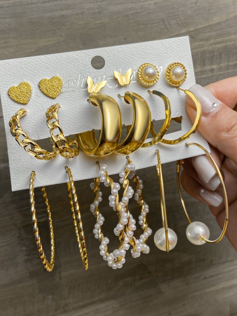 

Shining Diva Fashion Pack of 9 Gold-Toned & White Contemporary Drop Earrings