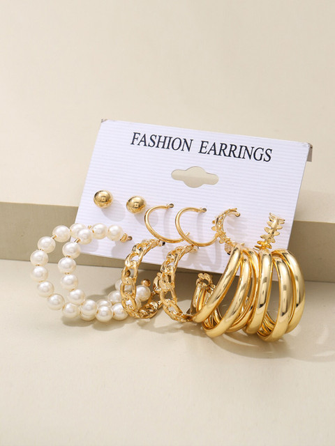 

Shining Diva Fashion Pack Of 6 Gold-Toned & White Pearl Studded Circular Hoop Earrings