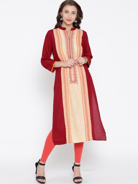 

Sabhyata Women Beige & Maroon Printed Straight Kurta
