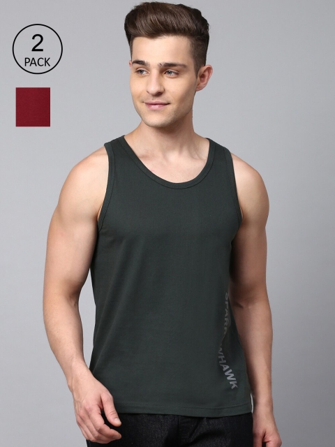 

SPARROWHAWK Men Pack Of 2 Black & Maroon Solid Comfort-Fit Innerwear Vests