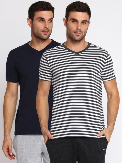 

SPARROWHAWK Men Navy Blue & White Pack of 2 Striped V-Neck T-shirt