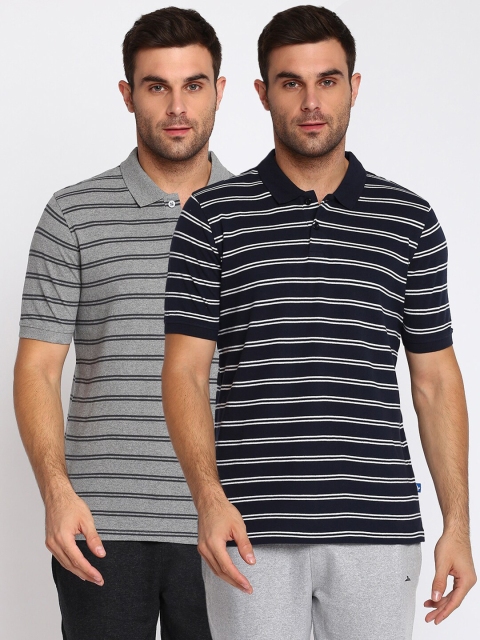 

SPARROWHAWK Men Black & Grey Pack of 2 Striped Polo Collar T-shirt