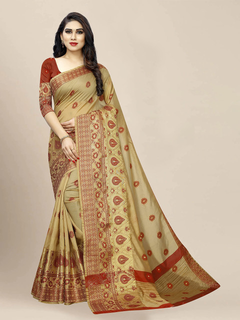 

VAIVIDHYAM Beige & Maroon Floral Zari Silk Cotton Banarasi Saree