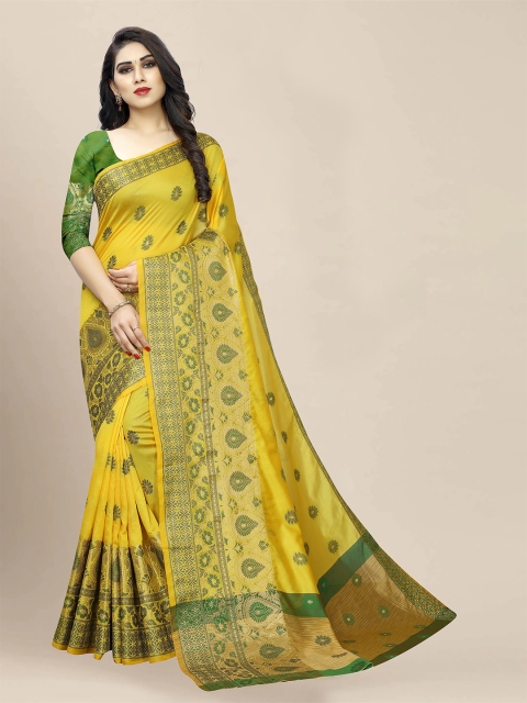 

VAIVIDHYAM Yellow & Green Floral Zari Silk Cotton Banarasi Saree