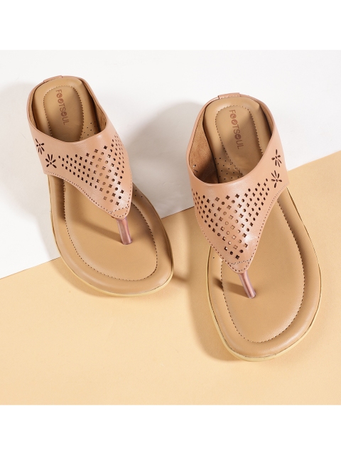 

FOOTSOUL Women Beige T-Strap Flats with Laser Cuts