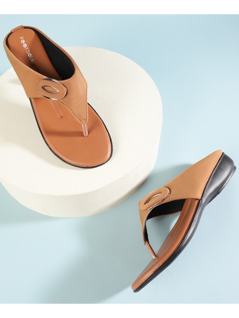 

FOOTSOUL Women Tan T-Strap Flats