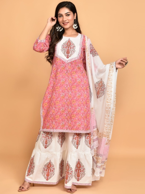 

Wyfees Women Pink Floral Printed Gotta Patti Pure Cotton Kurta with Sharara & With Dupatta