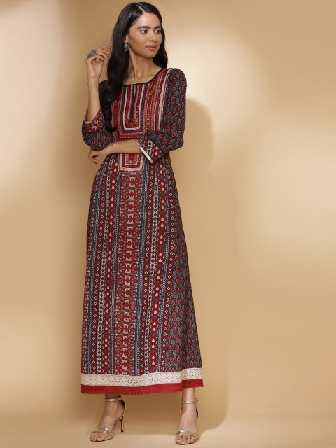 

Lakshita Women Red Ethnic Motifs Printed Flared Sleeves Mirror Work Kurta