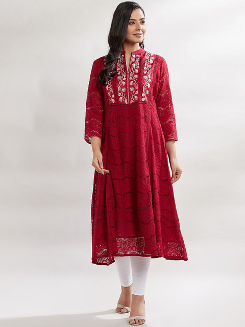 

Lakshita Women Red Ethnic Motifs Embroidered Thread Work Kurta