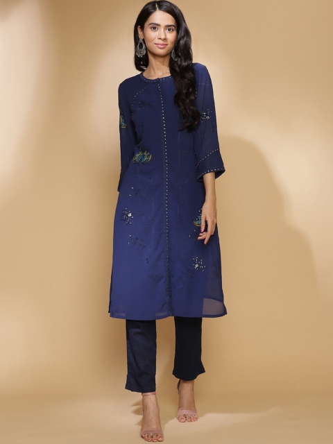 

Lakshita Women Blue Geometric Embroidered Thread Work Georgette Kurta