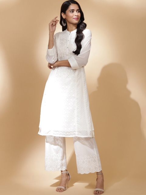 

Lakshita Women White Ethnic Motifs Thread Work Georgette Kurta