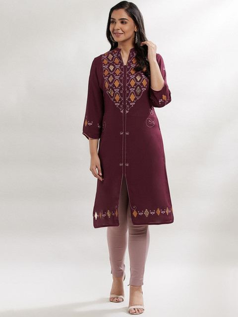 

Lakshita Women Burgundy Yoke Design Thread Work Georgette Kurta