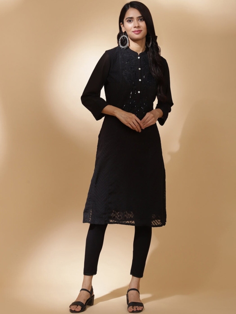 

Lakshita Women Charcoal Thread Work Georgette Kurta