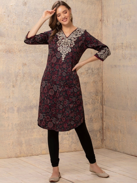 

Lakshita Women Red Floral Printed Thread Work Kurta