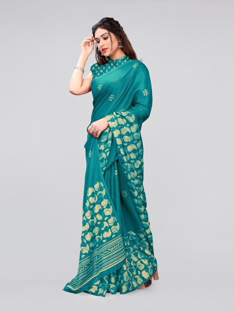 

MIRCHI FASHION Teal & Gold-Toned Ethnic Motifs Saree