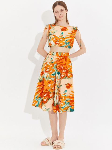 

URBANIC 2 Piece Women Orange Printed Lace-Up Skirt Co-Ords, Multi