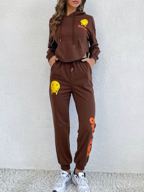 

URBANIC Women Coffee Brown Printed Hooded T-Shirt & Trousers