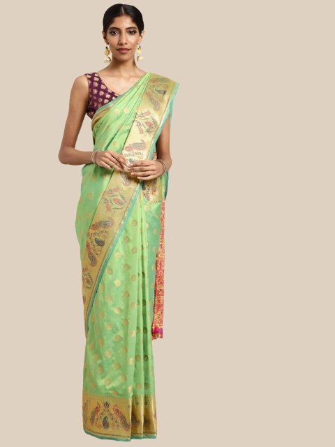 

Saree Swarg Green & Pink Woven Design Silk Blend Banarasi Sarees