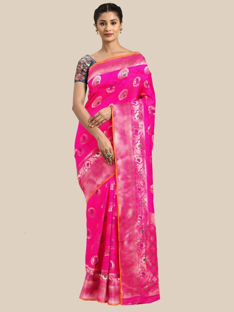 

Saree Swarg Pink & Gold-Toned Woven Design Zari Silk Blend Banarasi Sarees