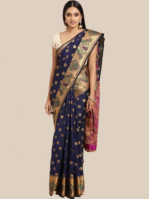 

Saree Swarg Navy Blue & Gold-Toned Ethnic Motifs Zari Silk Blend Banarasi Sarees