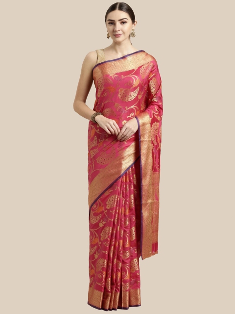 

Saree Swarg Pink & Gold-Toned Woven Design Zari Silk Blend Banarasi Sarees