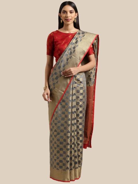 

Saree Swarg Women Grey & Gold-Toned Woven Design Zari Silk Blend Banarasi Sarees