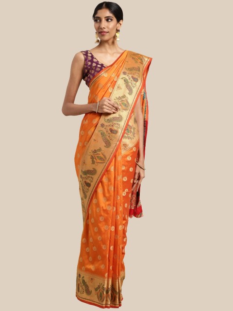 

Saree Swarg Orange Woven Design Silk Blend Banarasi Sarees