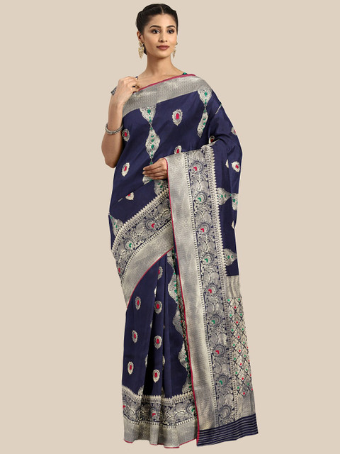 

Saree Swarg Navy Blue & Silver-Toned Woven Design Zari Silk Blend Banarasi Sarees