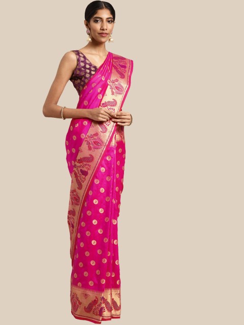 

Saree Swarg Women Pink & Gold-Toned Woven Design Zari Silk Blend Banarasi Sarees