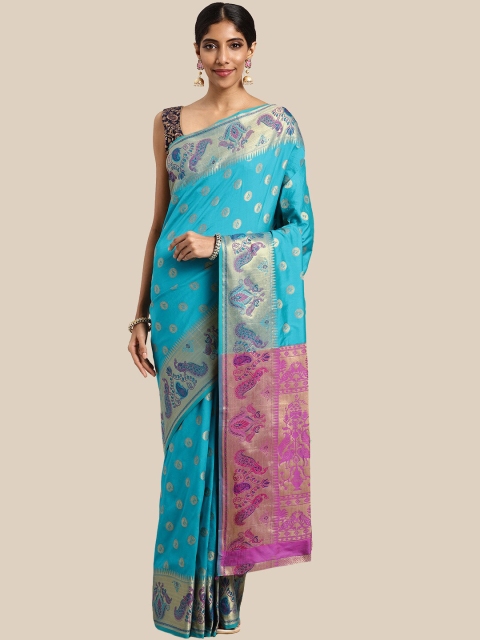 

Saree Swarg Turquoise Blue & Pink Woven Design Zari Silk Blend Banarasi Sarees